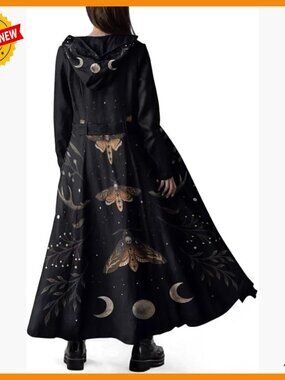 Long Fleece Peacoat with Hood, Belted Trench Style, Gothic Winter Coat